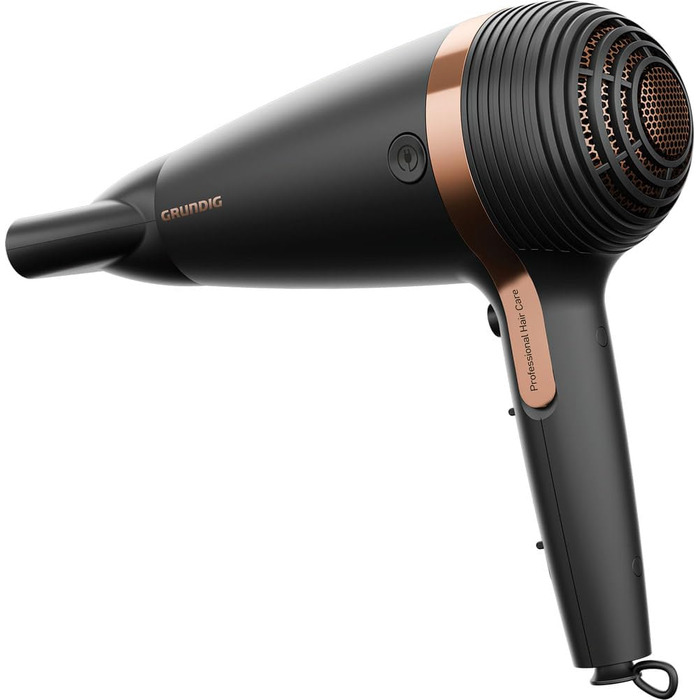 Фен для волосся Grundig Naturashine HD 7081, 2100 Вт, з іонізацією, керамічним покриттям з олією макадамії та кокоса, автоматичним змотуванням кабелю, чорний/рожеве золото