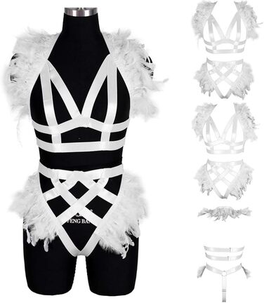 Жіночий корсет з пір'ям BBOHSS – набір аксесуарів для тіла, готичний стиль, Burning Man, білий (30)