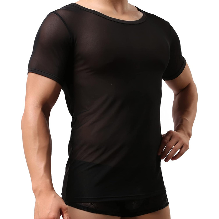 Чоловіча прозора футболка, мереживна сорочка, облягаючий крій, сексуальна білизна, чорний колір, розміри S, M, L, XL