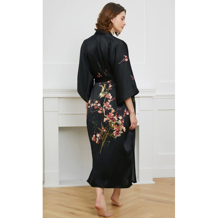 Шовковий халат-кімоно Ledamon для жінок, 100% шовк, квітковий дизайн, універсальний розмір, чорний колір