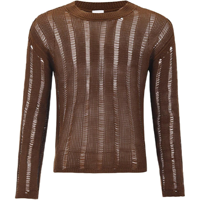 Чоловіча прозора сорочка AIEOE: мереживна сорочка з довгим рукавом для клубу, колір: коричневий