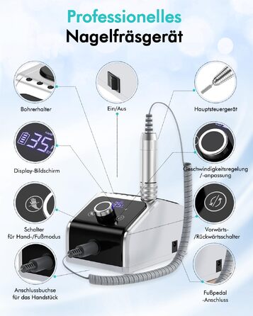 Професійний електричний апарат для манікюру та педикюру CozyZen 35 000 об/хв з LCD-дисплеєм, ручною та ножною педаллю, для акрилу, гелю та натуральних нігтів (Білий)