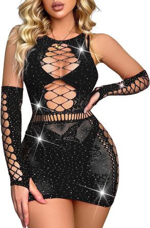 Елегантний жіночий комплект нижньої білизни Ella Lust: мереживний боді, сукня з паєтками та мереживні рукавички. Чорний, універсальний розмір.