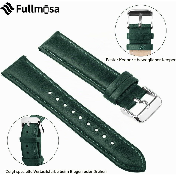 Шкіряний ремінець Fullmosa 22 мм для Samsung Galaxy Watch 46 мм, Galaxy Watch 3 45 мм, Gear S3 Frontier/Classic, колір зелений, срібляста застібка