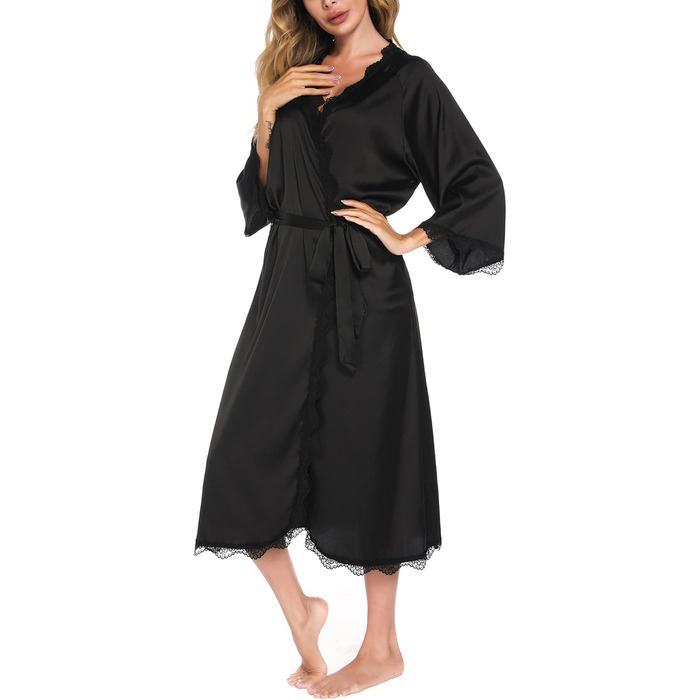Шовковий халат Aranmei для жінок: довгий, з V-подібним вирізом, 3/4 рукава, нічний халат, халат для сну, кімоно, чорний, з мереживом