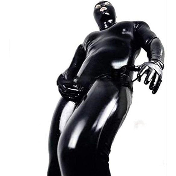 Чоловічий лаковий комбінезон-тіло з отвором для статевих органів, сексуальний, на блискавці, чорний, для косплею, Хелловін (L)