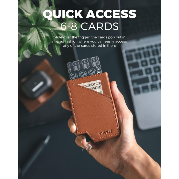 Чоловічий гаманець-картхолдер VULKIT з RFID-захистом, сліма металевий портмоне з висувним механізмом для карток, купюр та монет, коричневий