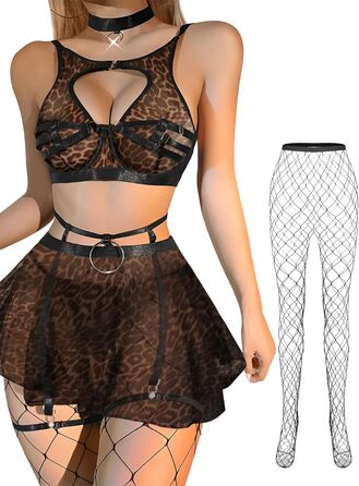 Сексуальний комплект білизни Lilosy: панчіхо-чокер, ремінець, бюстгальтер з підтримкою, спідниця (S, леопардовий принт)