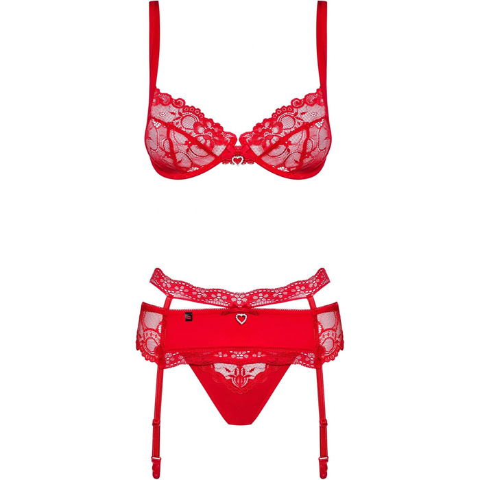 Червоний жіночий комплект спідньої білизни Obsessive: бюстгальтер, корсетний пояс та стрінг, подарункова коробка, S-M