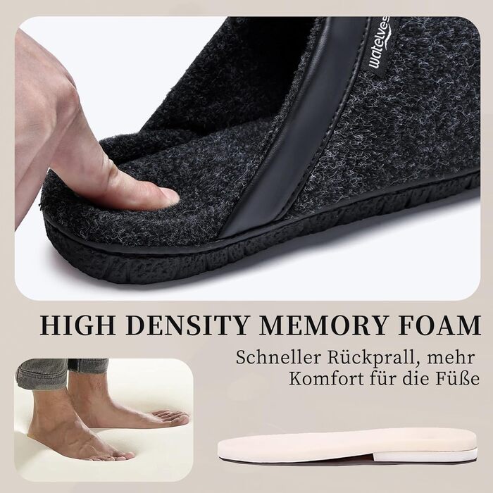 Чоловічі зимові капці WateLves з пам'яттю (Memory Foam), фетрові тампони з антиковзаючою підошвою для дому та вулиці, чорні, розмір 43 EU
