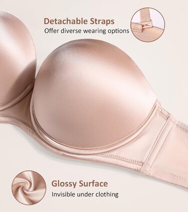 Бюстгальтер Lemorosy без бретелек з пуш-ап, великі розміри, сильний тримач, з підкладкою, мультивей, знімні бретелі, 85A, бежевий
