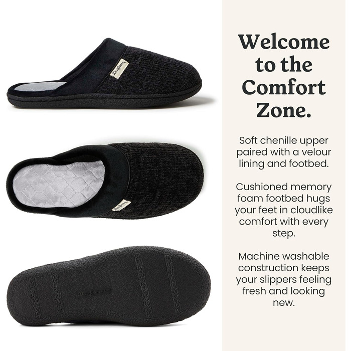 Жіночі капці-клоги Dearfoams Wide Width з chenille та стількою з стьобаної тканини, розмір 40/41 EU, чорні