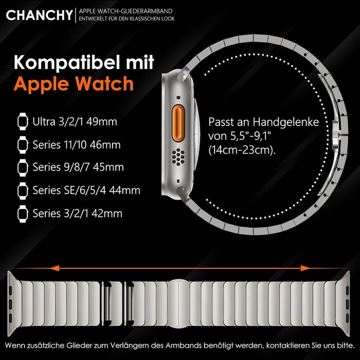 Металевий ремінець CHANCHY для Apple Watch Ultra 3/2/1, Series 11/10/9/8/7/6/5/4/3/2/1, SE — сталевий браслет-заміна (42, 44, 45, 46, 49 мм), титановий колір