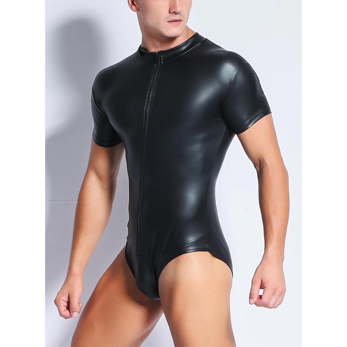 Чоловічий комбінезон з лакованої шкіри, мокрий ефект, шкіряна білизна, боді, відкриті труси, трикотажний боді, чорний, клубний одяг, XXL