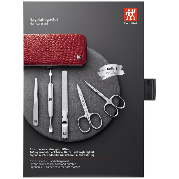 Манікюрний набір ZWILLING Kroko Edition (5 предметів) для нігтів рук та ніг, нержавіюча сталь, шкіряний футляр, червоний