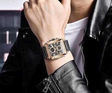 Чоловічий наручний годинник OLEVS Chronograph — класичний кварцовий годинник зі шкіряним ремінцем, водонепроникний, з календарем (Чорний/Розове золото, 2958)