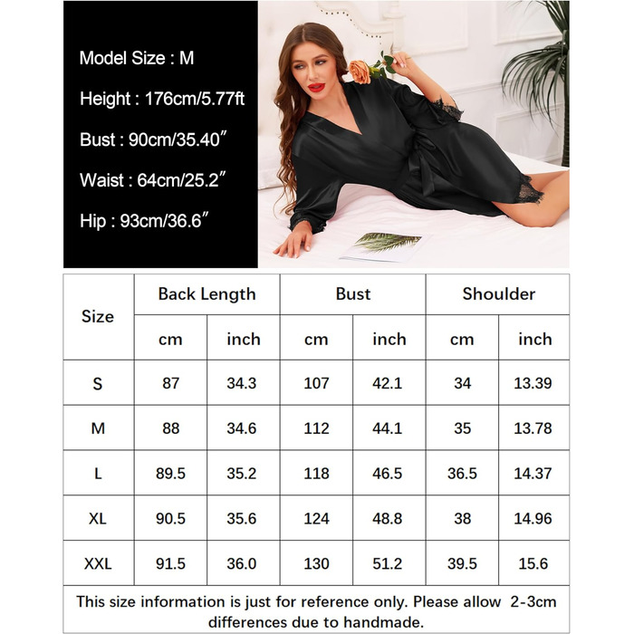 Кимоно жіноче коротке з мереживом Ovasy Satin Bademante, чорний, розмір L