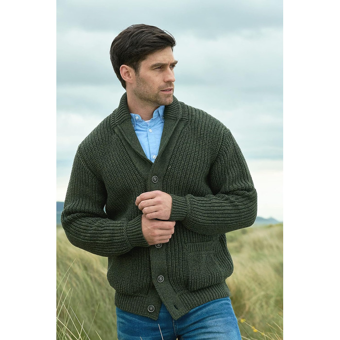 Чоловічий в'язаний кардиган Aran Crafts з 100% мериносової вовни, рифлений, колір армійський зелений, розмір S