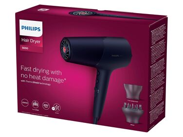 Фен для волосся Philips 5000 Series BHD510/00, 2300 Вт, ThermoShield, іонізація, дифузор та насадки для стайлінгу, Metallic-Blau