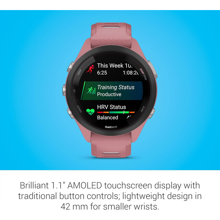 Спортивний смарт-годинник Garmin Forerunner 265S AMOLED, 42мм, світло-рожевий та пудрово-сірий — тренувальні метрики та аналіз відновлення