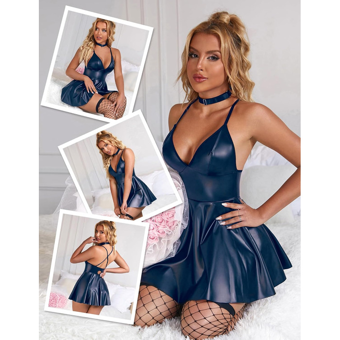 Сукня облягаюча Lederkleid великих розмірів, лакована, з вирізом V, відкрита спина, з комірцем, блакитна (L)
