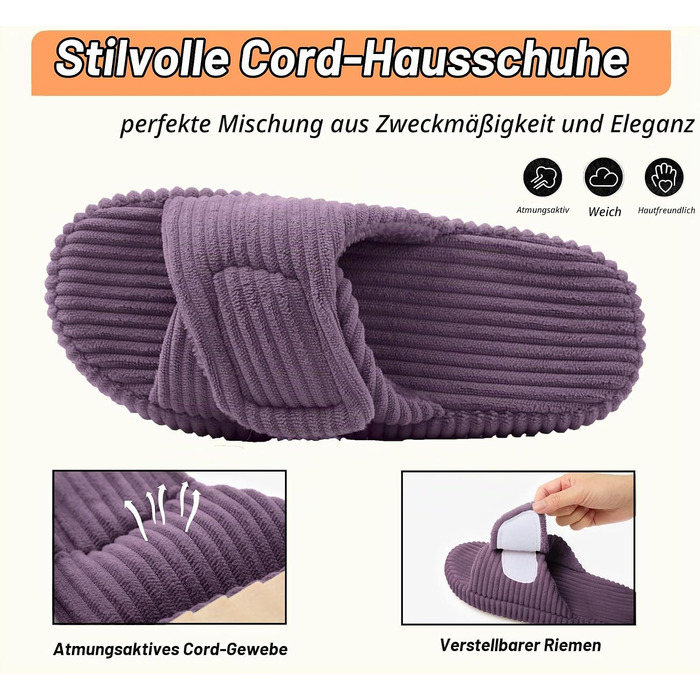 Жіночі домашні капці Coswind з ефектом пам'яті (Memory Foam), відкритий носок, вельветові пантофлі, фіолетові, розмір 37/38 EU