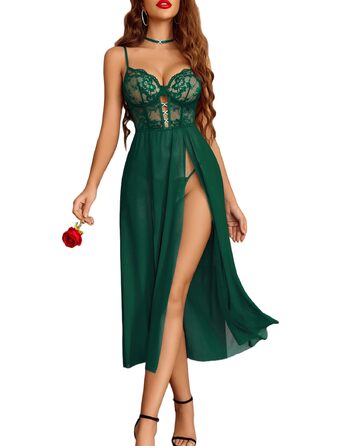 Avidlove Комплект сексуальної білизни для жінок: мереживна сукня-бабочка, корсет, нічна сорочка з V-подібним вирізом, боковим розрізом, мереживна білизна (XL, святковий зелений)