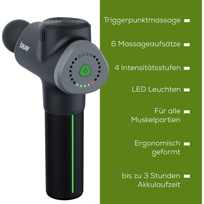 Перкусійний масажер Beurer MG 79 Massage Gun Sensitive: компактний масажний пістолет для чутливих зон, 3 насадки та 3 рівні інтенсивності