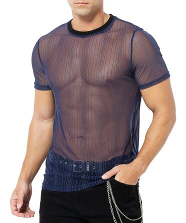 Прозора футболка Casey Kevin Herren з блискітками, короткий рукав, клубний стиль, синій (L)