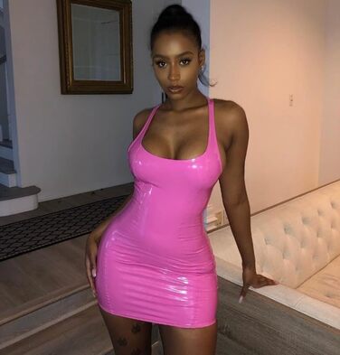 Сукня міні з екошкіри для вечірок та клубів, рожева, розмір M - Sexy Bodycon з U-подібним вирізом