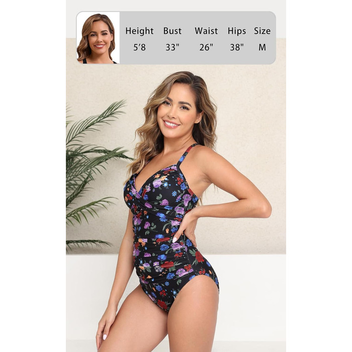 Чоловічий купальник Halcurt з животом, з чашками, з драпіруванням, суцільний, V-подібний виріз, чорний з квітковим принтом, розмір S