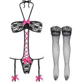 EROMATE Чорний корсет з мереживом для жінок, поясок-петля, мереживні панчохи, чорний/рожевий, універсальний розмір