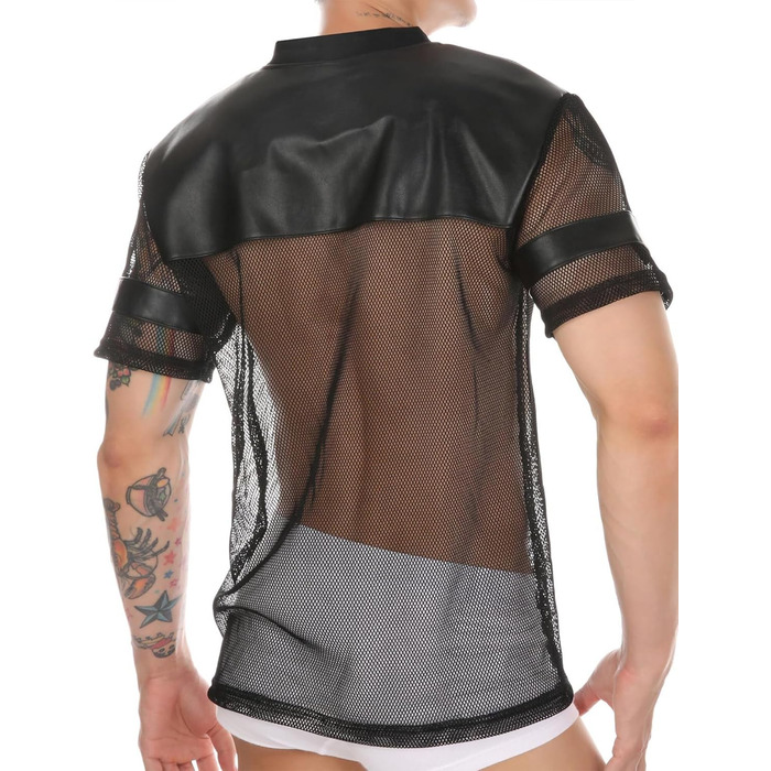 Чоловіча футболка AIEOE з сітчастою вставкою з PU шкіри, спортивна, коротка, сітка, сексуальний топ, кроп-топ
