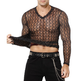 Муслін футболка Casey Kevin Herren Transparent, прозора сітка з довгим рукавом, сріблясті акценти, вертикальна смужка, V-подібний виріз, A2-чорний L