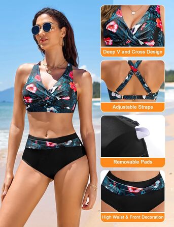 Бікіні жіночий комплект Nadeer: сексуальний V-подібний виріз, push-up, двочастинний, кросовер, висока талія, пляжна мода, рожево-блакитний (S)