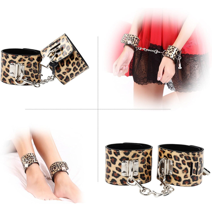 Набір для БДСМ з екошкіри Leopard Print (8 предметів): наручники, пітч, обручі, мотузка, ніпель-кліпси