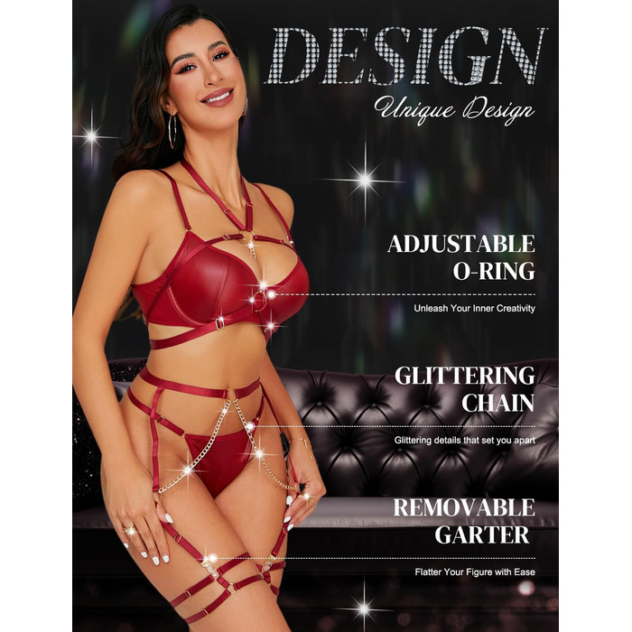 Сексуальний комплект нижньої білизни з бретельками для жінок, 7 частин: бюстгальтер з кісточками, трусики, панчохи, гетри, нагольник, ласий ланцюжок, червоний колір