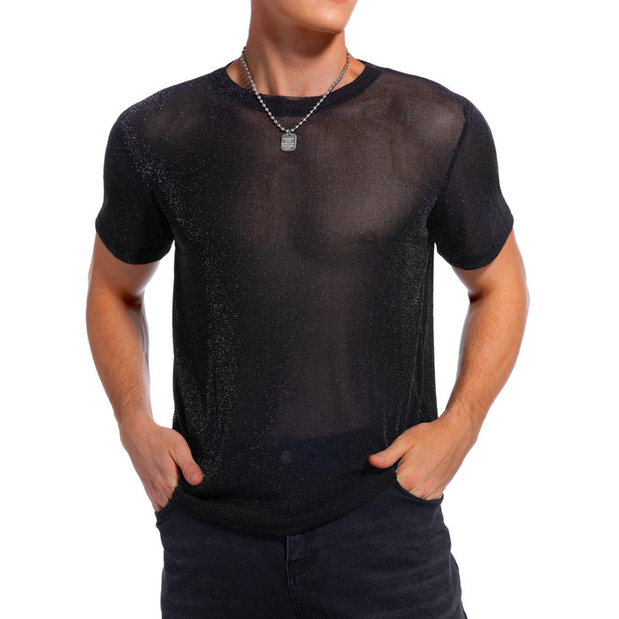 Чоловіча футболка Hawiland з блискітками, сітка, мереживо - для вечірок, клубів, рейв-вечірок. Чорний колір, розмір S