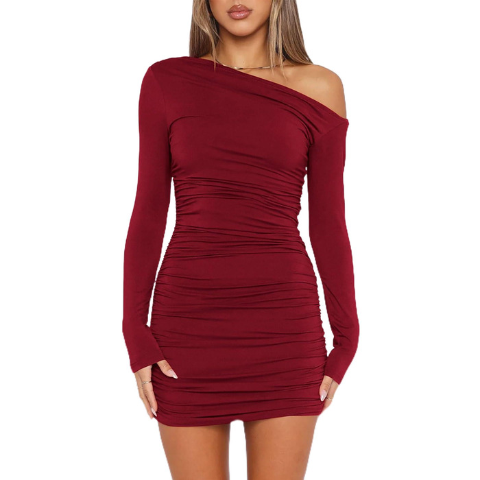 Жіноче облягаюче плаття ELFIN з трикотажної тканини, довгим рукавом, міні, на бретельці, з драпіруванням, для вечірок, клубів, повсякденного носіння (Бордовий, XL)