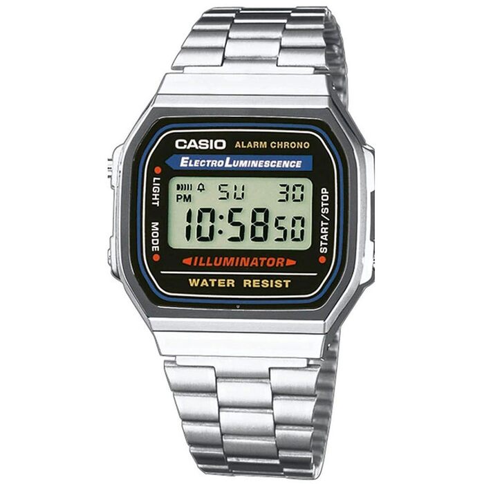 Цифровий унісекс-годинник Casio A168WA зі сталевим ремешком, сріблястий