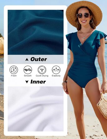 Жіночий купальник Yuson Girl з рюшами, V-подібним вирізом, корегуючим ефектом та підтримкою грудей, монокіні, висока талія (Pfauenblau, XXL)