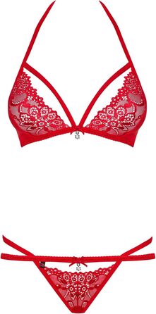 Obsessive: Комплект спідньої білизни Obsessive (Стрінг та бюстгальтер без бретелів) з глибоким вирізом, червоний, мереживний, прозорий, з бантиками, розмір S/M