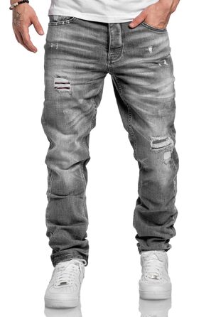 Чоловічі джинси Amaci&Sons Regular Straight Fit з ефектом Destroyed, сірі (Patches), розмір 38W/32L