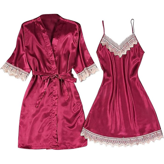 Жіночий халат-кімоно з мереживом, довгий халат, нічна сорочка з довгим рукавом, нічна сорочка-бабідолл, комплект (червоний, L)
