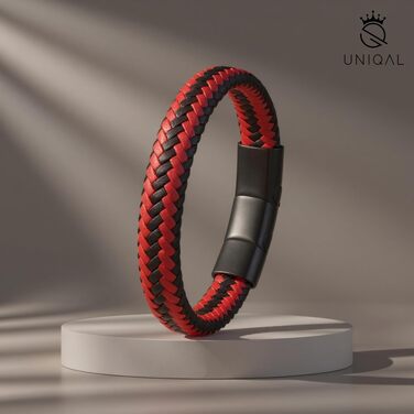 Чоловічий шкіряний браслет UNIQAL 'BRAID' з плетення та нержавіючої сталі, червоно-білий, 21 см, у подарунковій коробці