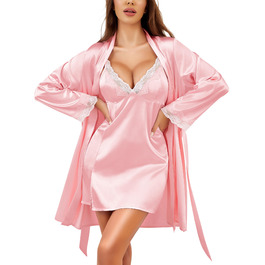 RSLOVE Комплект жіночого шовкового нічного одягу - Сексуальна піжама з мереживом та халатом, 2-частинний комплект, рожевий