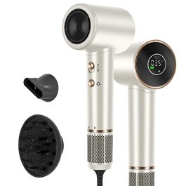Професійний фен для волосся Parwin Pro Beauty Air-Sonic з HD-LED дисплеєм, безщітковим мотором 110,000 RPM та іонізацією (200 млн негативних іонів), швидка сушка 25м/с, Champagne Silver