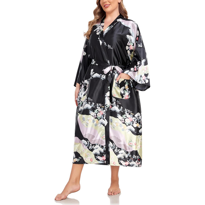 Кимоно халат для жінок, великі розміри, сатин, квітковий принт, чорний, XL