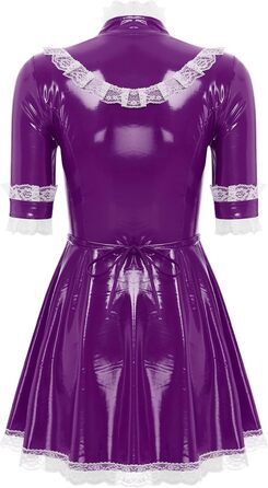 Костюм покоївки Agoky з лакованої шкіри, міні-сукня з мереживним фартухом та мереживною спідницею, еротична білизна, клубний одяг (M, фіолетовий)
