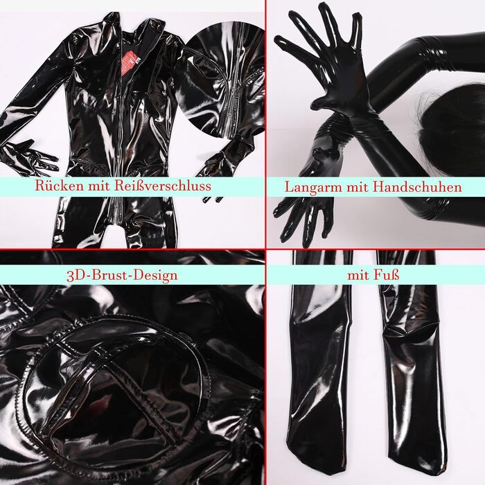 Комбінезон жіночий з еластичної шкіри (PVC) BESYFAY, глянцевий, чорний, XL